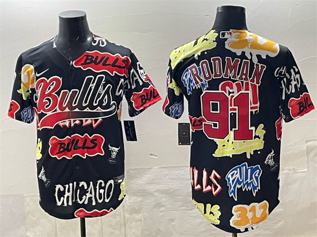 Men's Chicago Bulls #91 Dennis Rodman Black Limited Stitched Baseball Jersey