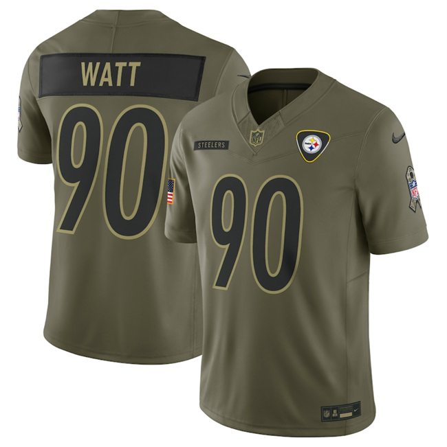 Men's Pittsburgh Steelers #90 T.J. Watt Olive 2025 Salute to Service Limited Stitched Football Jersey Men's Pittsburgh Steelers #90 T.J. Watt Olive 2025 Salute to Service Limited Stitched Football Jersey