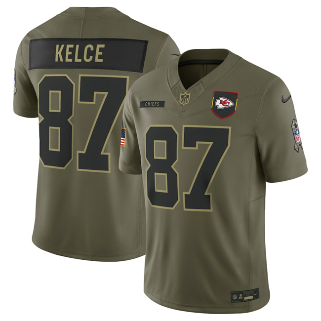 Men's Kansas City Chiefs #87 Travis Kelce Olive 2025 Salute to Service Limited Stitched Football Jersey