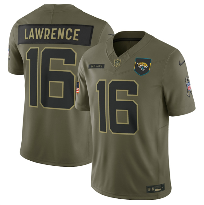 Men's Jacksonville Jaguars #16 Trevor Lawrence Olive 2025 Salute to Service Limited Stitched Football Jersey