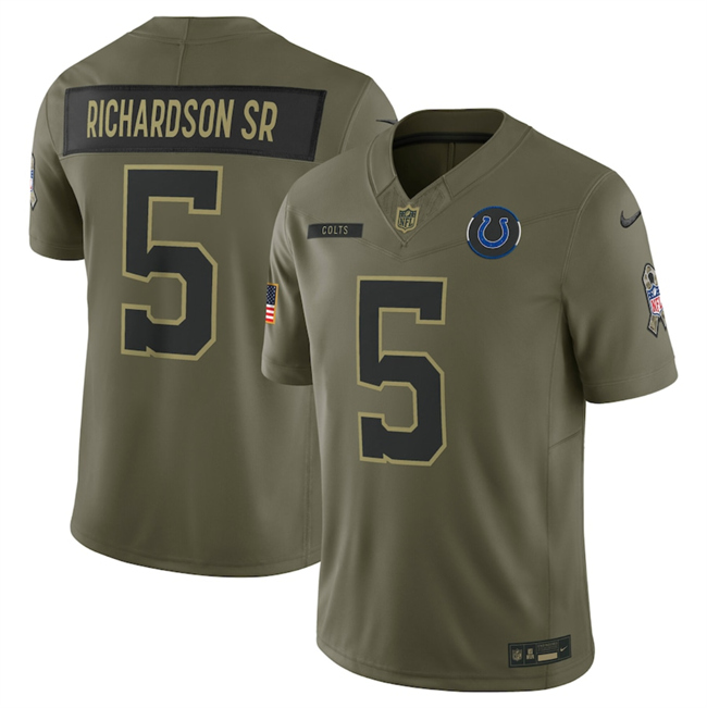 Men's Indianapolis Colts #5 Anthony Richardson Sr. Olive 2025 Salute to Service Limited Stitched Football Jersey