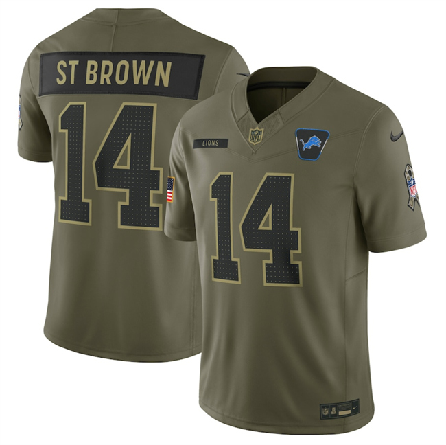 Men's Detroit Lions #14 Amon-Ra St. Brown Olive 2025 Salute to Service Limited Stitched Football Jersey