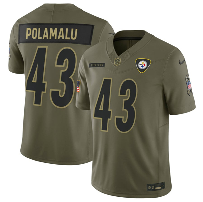 Men's Pittsburgh Steelers #43 Troy Polamalu Olive 2025 F.U.S.E. Salute to Service Limited Stitched Football Jersey Men's Pittsburgh Steelers #43 Troy Polamalu Olive 2025 F.U.S.E. Salute to Service Limited Stitched Football Jersey