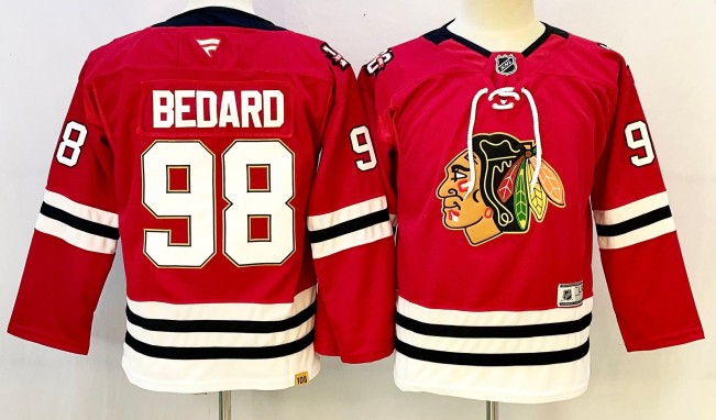 Youth Chicago Blackhawks #98 Connor Bedard Red 2025 Home 100th Anniversary Stitched Hockey Jersey