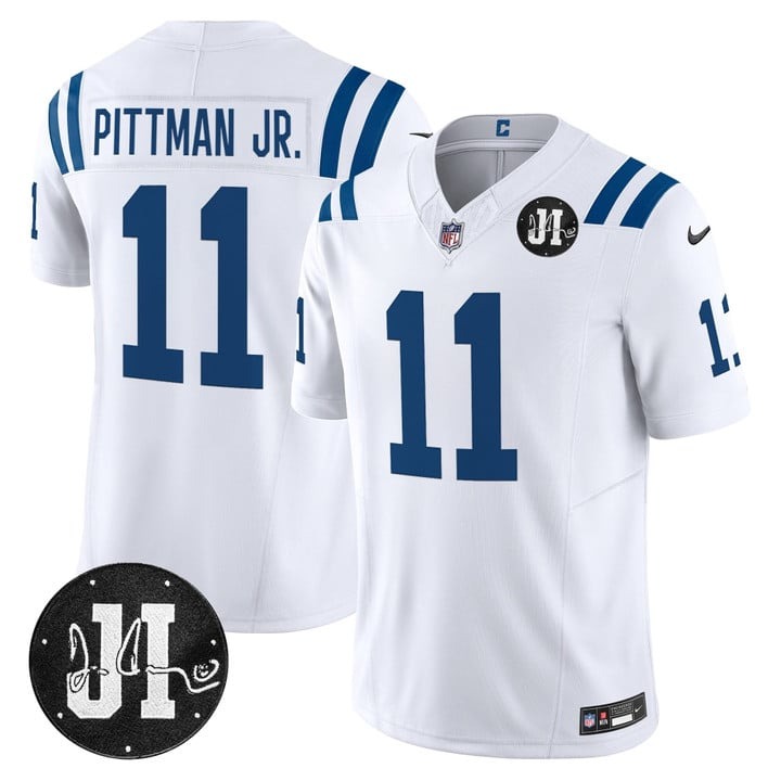 Men's Indianapolis Colts #11 Michael Pittman Jr. White 2025 Jim Irsay Patch Vapor F.U.S.E. Limited Jersey