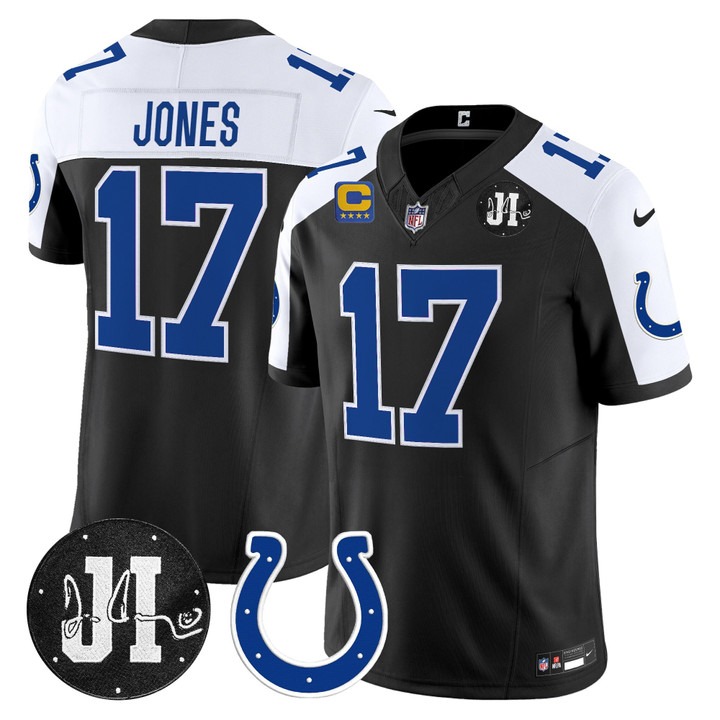 Men's Indianapolis Colts #17 Daniel Jones Black White 2025 Jim Irsay & 4-star C Patch Vapor F.U.S.E. Limited Jersey