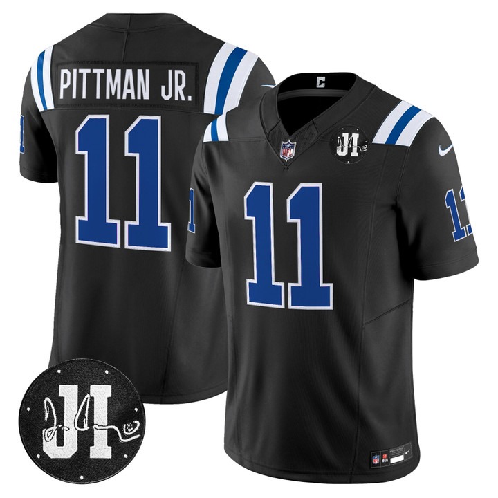Men's Indianapolis Colts #11 Michael Pittman Jr. Black 2025 Jim Irsay Patch Vapor F.U.S.E. Limited Jersey