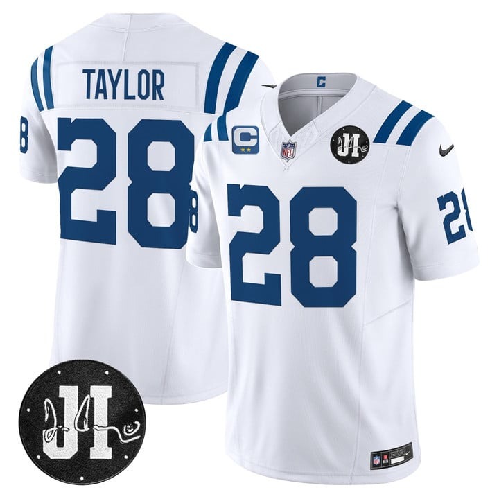 Men's Indianapolis Colts #28 Jonathan Taylor White 2025 Jim Irsay & 2-star C Patch Vapor F.U.S.E. Limited Jersey