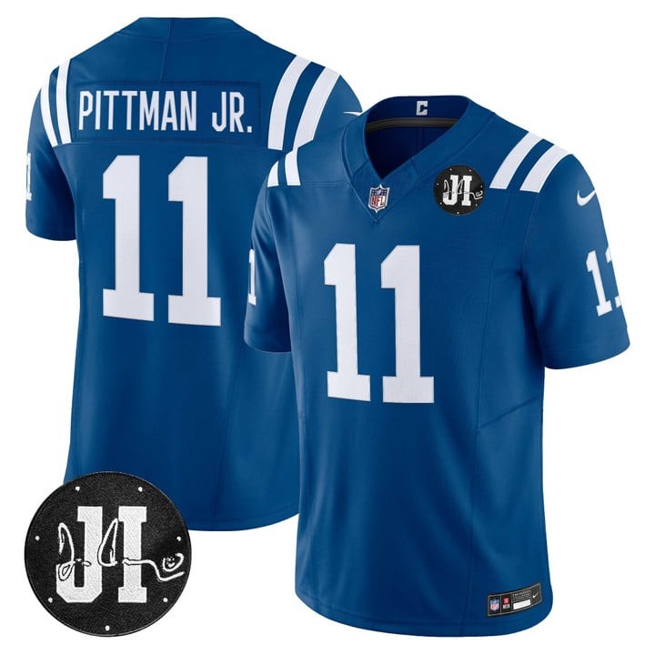 Men's Indianapolis Colts #11 Michael Pittman Jr. Royal 2025 Jim Irsay Patch Vapor F.U.S.E. Limited Jersey