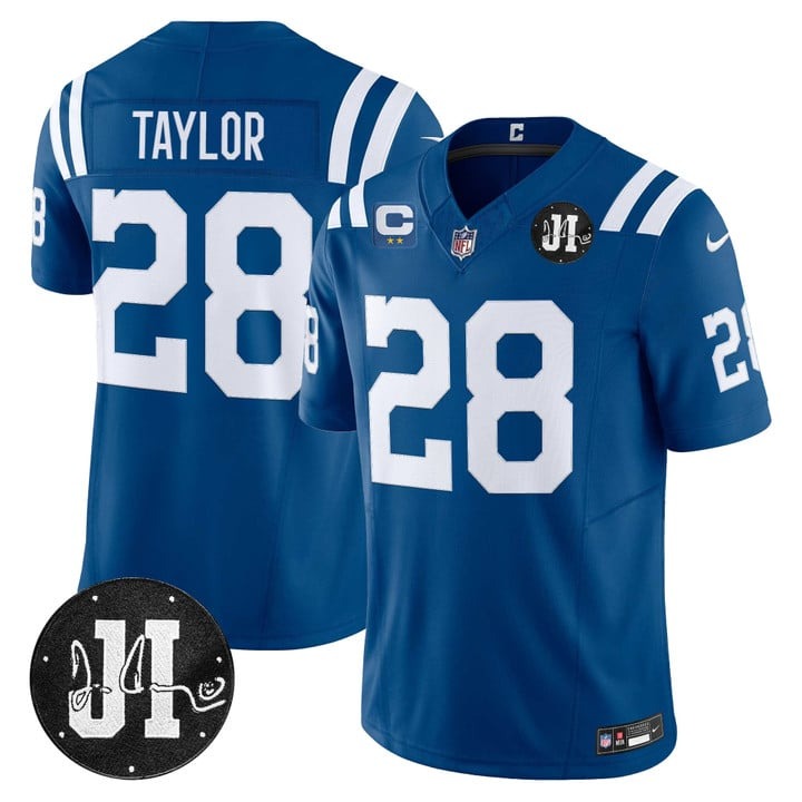 Men's Indianapolis Colts #28 Jonathan Taylor Royal 2025 Jim Irsay & 2-star C Patch Vapor F.U.S.E. Limited Jersey