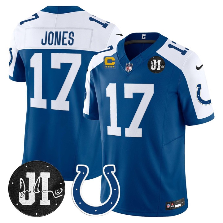 Men's Indianapolis Colts #17 Daniel Jones Royal White 2025 Jim Irsay & 4-star C Patch Vapor F.U.S.E. Limited Jersey