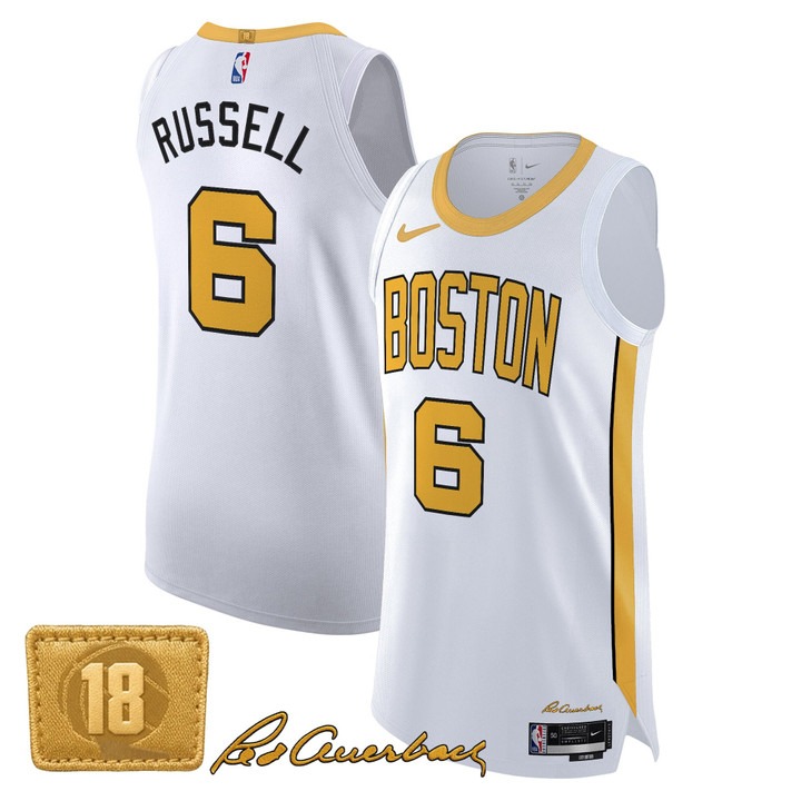 Men's Boston Celtics #6 Bill Russell White Gold 2025-26 City Edition Swingman Stitched Basketball Jersey Men's Boston Celtics #6 Bill Russell White Gold 2025-26 City Edition Swingman Stitched Basketball Jersey