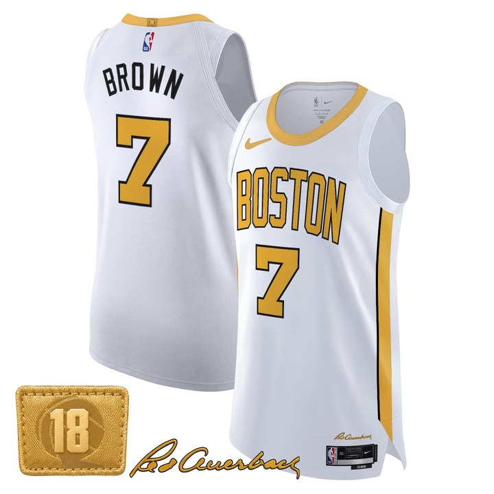Men's Boston Celtics #7 Jaylen Brown White Gold 2025-26 City Edition Swingman Stitched Basketball Jersey Men's Boston Celtics #7 Jaylen Brown White Gold 2025-26 City Edition Swingman Stitched Basketball Jersey