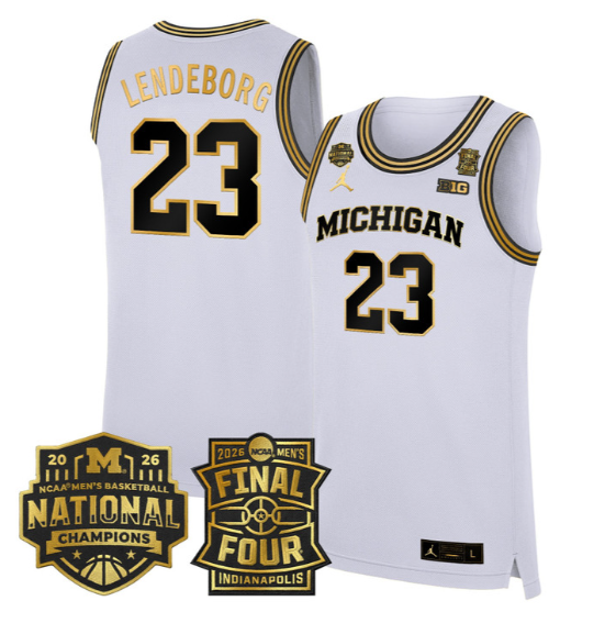 Men's Michigan Wolverines #23 Yaxel Lendeborg White Gold 2025-26 Final Four & National Champions Patch Stitched Basketball Jersey