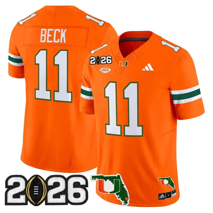 Men's Miami Hurricanes #11 Carson Beck Orange 2026 CFP Final & Florida Patch F.U.S.E. Vapor Limited Stitched Jersey