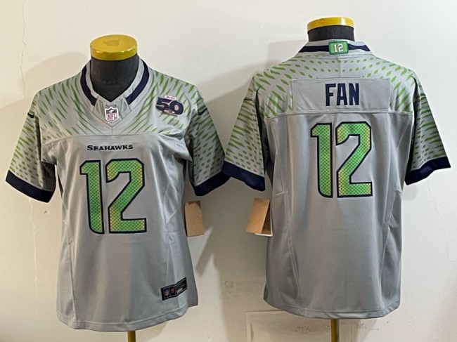 Women's Seattle Seahawks #12 Fan Grey Rivalries 50th 2025 F.U.S.E. Vapor Limited Football Stitched Jersey