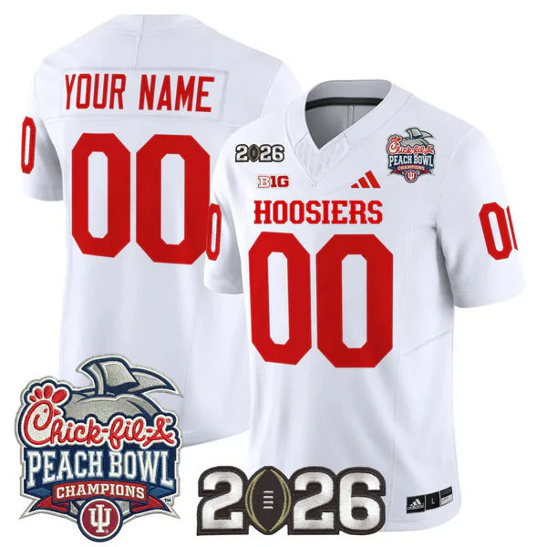 Men's Indiana Hoosiers Custom White Peach Bowl Champions & 2026 CFP Finals Patch F.U.S.E. Vapor Limited V1 Stitched Jersey
