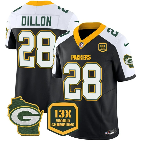 Men's Green Bay Packers #28 AJ Dillon Black White 2023 F.U.S.E. Home Patch 13 Time World Champions Vapor Untouchable Limited Stitched Football Jersey