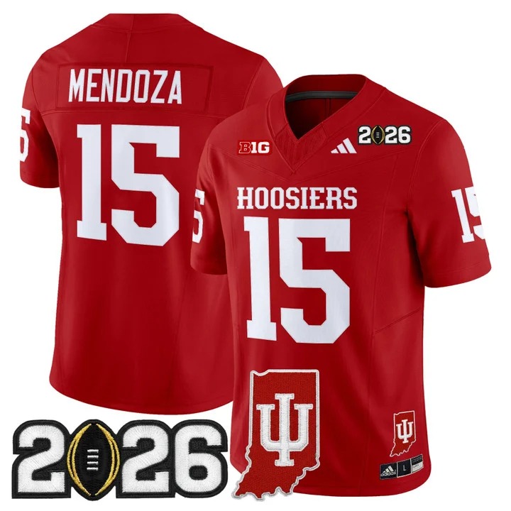 Men's Indiana Hoosiers #15 Fernando Mendoza Crimson 2026 CFP Final & Indiana State Patch F.U.S.E. Vapor Limited Stitched Jersey