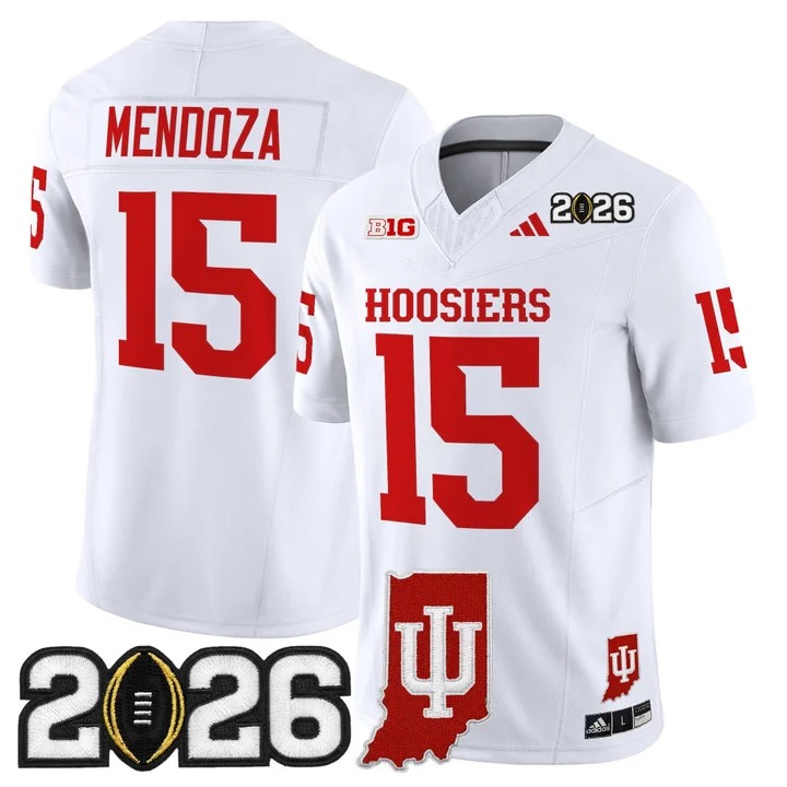 Men's Indiana Hoosiers #15 Fernando Mendoza White 2026 CFP Final & Indiana State Patch F.U.S.E. Vapor Limited Stitched Jersey