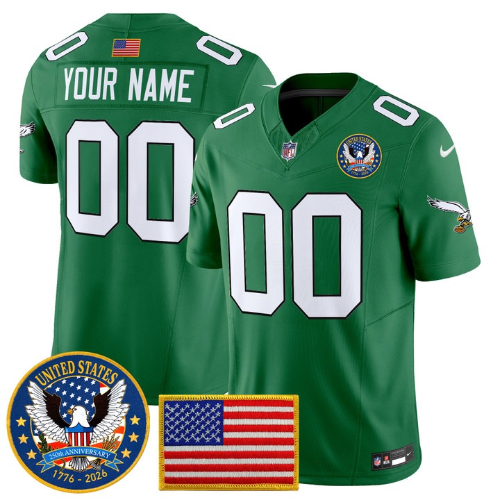 Men's Philadelphia Eagles Custom Kelly Green United States 250th Anniversary Patch F.U.S.E. Vapor Limited Stitched Jersey