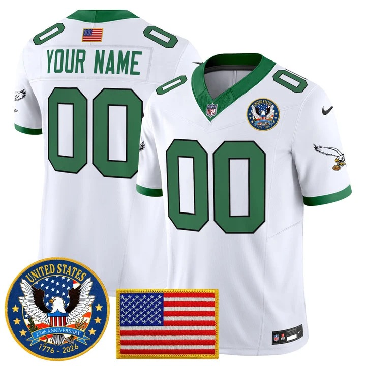 Men's Philadelphia Eagles Custom Kelly White United States 250th Anniversary Patch F.U.S.E. Vapor Limited Stitched Jersey