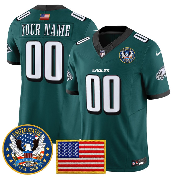 Men's Philadelphia Eagles Custom Midnight Green United States 250th Anniversary Patch F.U.S.E. Vapor Limited Stitched Jersey