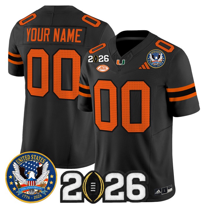 Men's Miami Hurricanes Custom Black United States 250th Anniversary & 2026 CFP Final Patch F.U.S.E. Vapor Limited Stitched Jersey