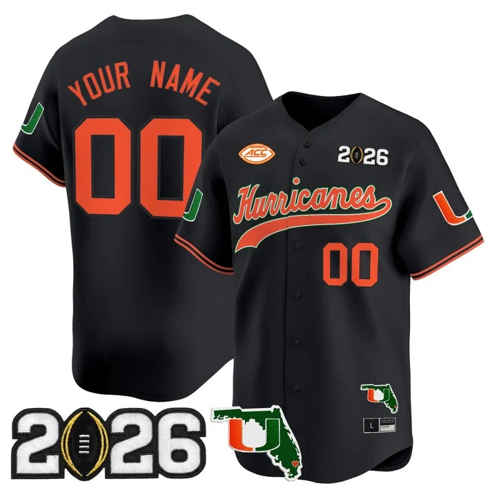Men's Miami Hurricanes Baseball Custom Black 2026 CFP Final & Florida Patch Limited Stitched Jersey