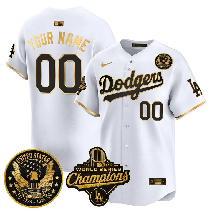 Men's Los Angeles Dodgers Custom White Gold 2025 World Series Champions & America 250th Patch Gold Trim Limited Stitched Jersey