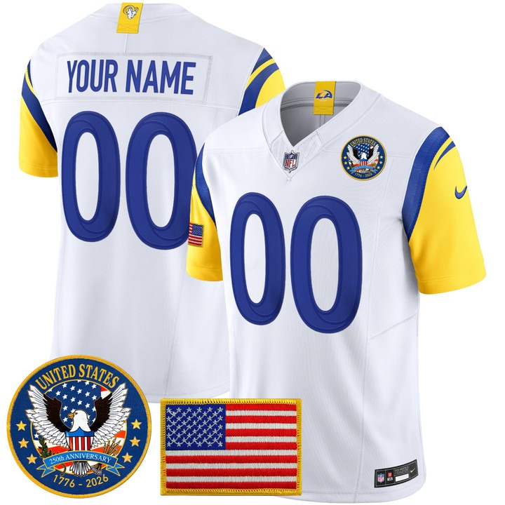 Men's Los Angeles Rams Custom White 2026 United States 250th Anniversary Patch F.U.S.E. Vapor Limited Stitched Jersey