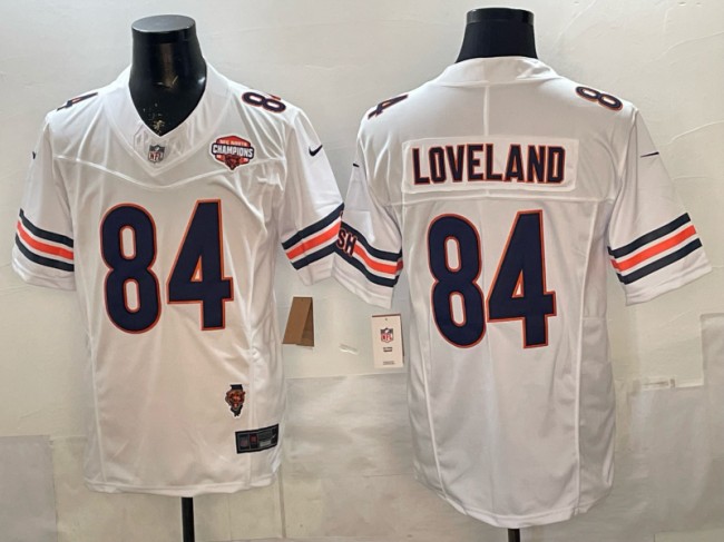 Men's Chicago Bears #84 Colston Loveland White F.U.S.E. 2025 NFC North Champions & Illinois Patch Vapor Limited Stitched Jersey