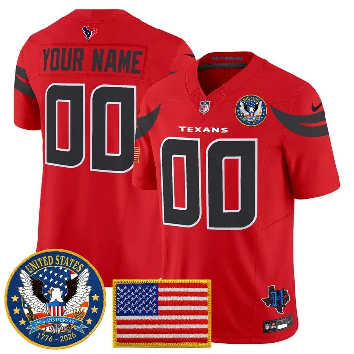 Men's Houston Texans Custom Red United States 250th Anniversary Patch F.U.S.E. Vapor Limited Stitched Jersey