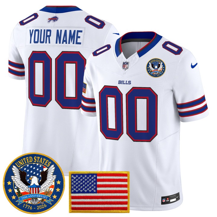 Men's Buffalo Bills Custom White United States 250th Anniversary Patch Vapor Limited Stitched Jersey