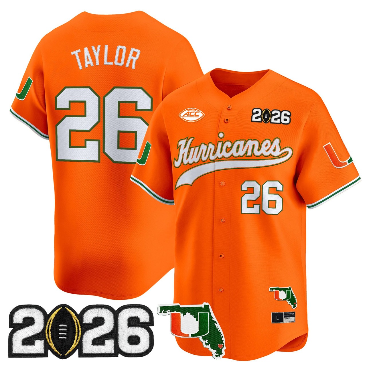 Men's Miami Hurricanes Baseball #26 Sean Taylor Orange 2026 CFP Final & Florida Patch Limited Stitched Jersey
