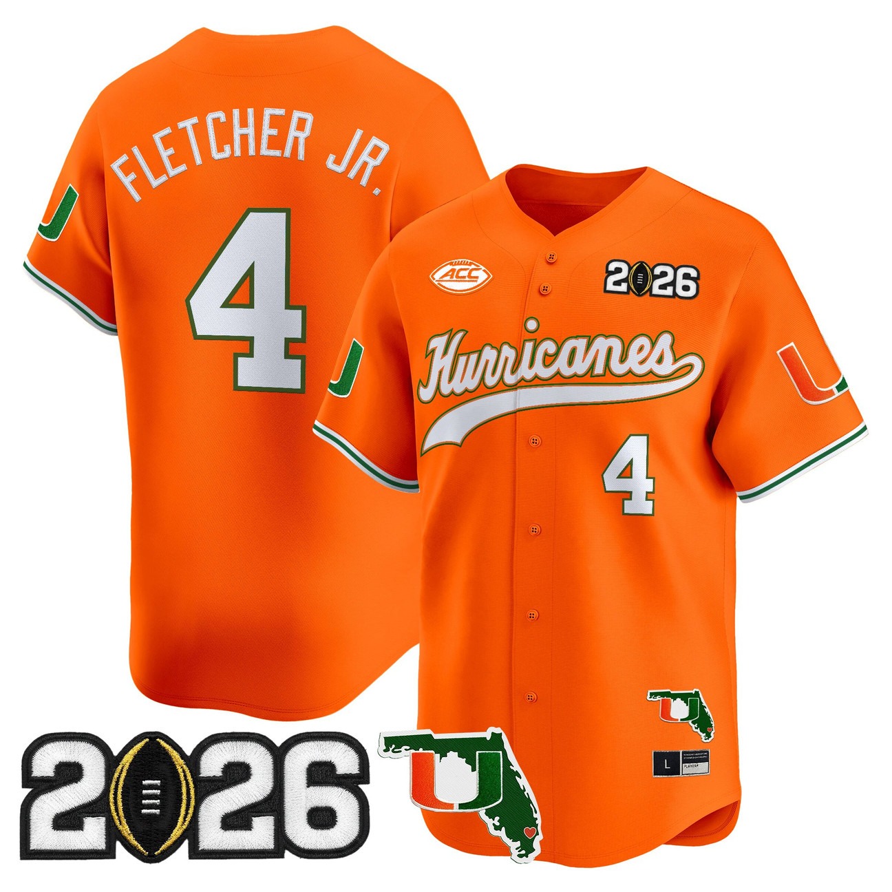 Men's Miami Hurricanes Baseball #4 Mark Fletcher Jr. Orange 2026 CFP Final & Florida Patch Limited Stitched Jersey