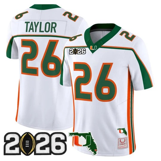 Men's Miami Hurricanes #26 Sean Taylor White Throwback 2026 CFP Final & Florida Patch F.U.S.E. Vapor Limited Stitched Jersey