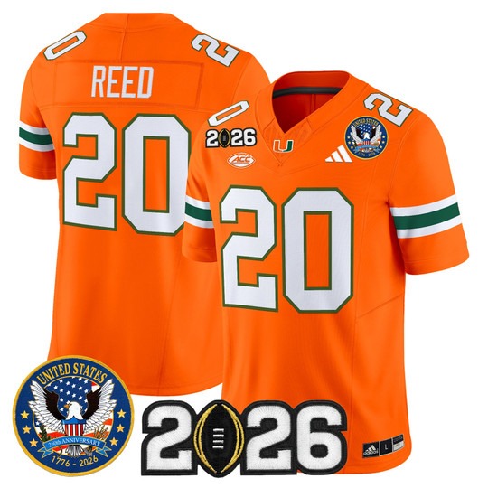 Men's Miami Hurricanes #20 Ed Reed Orange United States 250th Anniversary & 2026 CFP Final Patch F.U.S.E. Vapor Limited Stitched Jersey