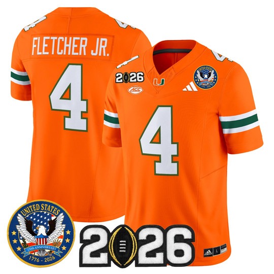 Men's Miami Hurricanes #4 Mark Fletcher Jr. Orange United States 250th Anniversary & 2026 CFP Final Patch F.U.S.E. Vapor Limited Stitched Jersey
