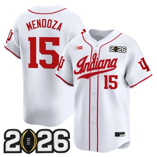 Men's Indiana Hoosiers Baseball #15 Fernando Mendoza White 2026 CFP Final Patch Limited Stitched Jersey