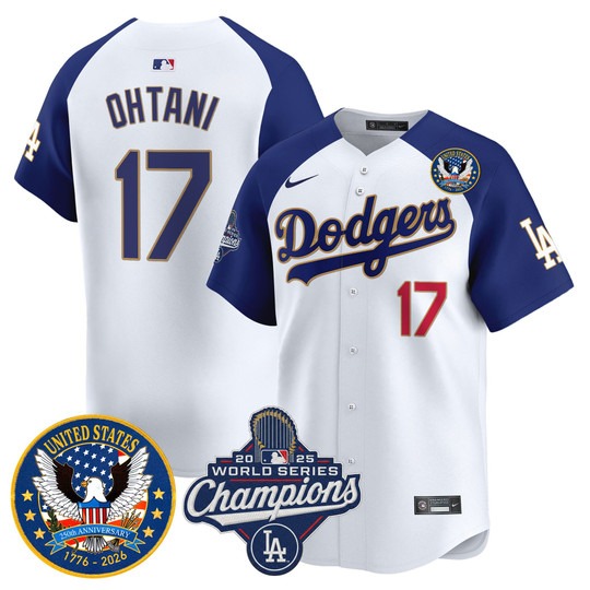 Men's Los Angeles Dodgers #17 Shohei Ohtani White Alternate 2025 World Series Champions & America 250th Patch Gold Trim Limited Stitched Jersey