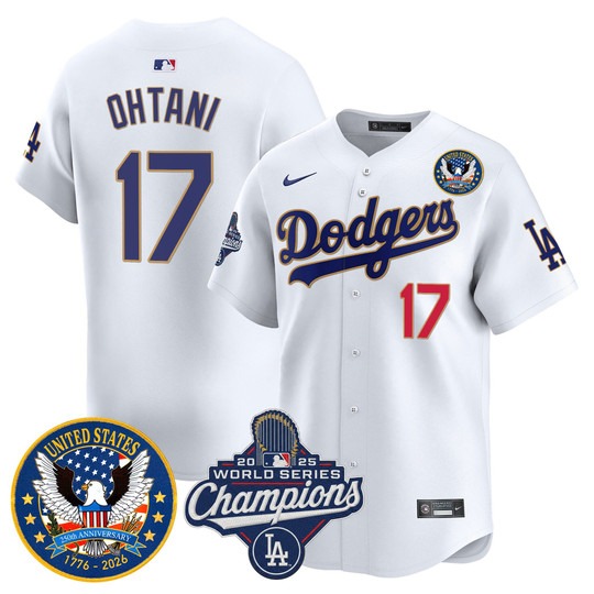 Men's Los Angeles Dodgers #17 Shohei Ohtani White 2025 World Series Champions & America 250th Patch Gold Trim Limited Stitched Jersey