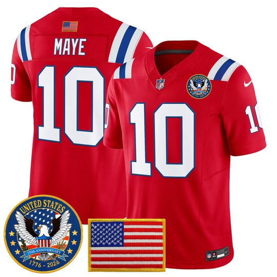 Men's New England Patriots #10 Drake Maye Red United States 250th Anniversary Patch F.U.S.E. Vapor Limited Stitched Jersey