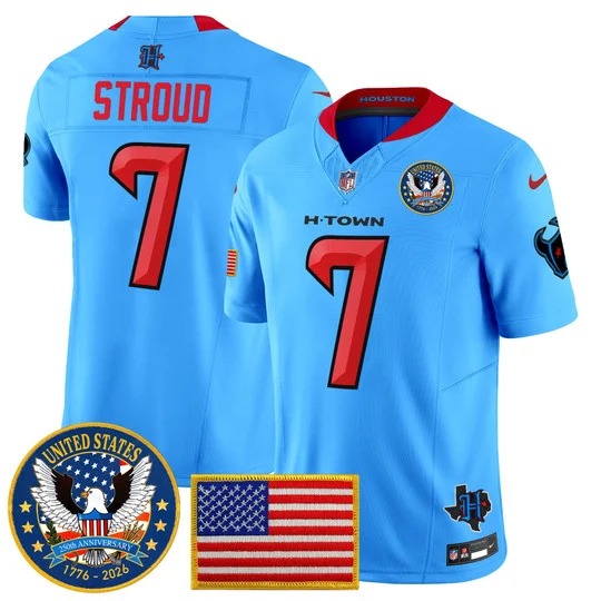 Men's Houston Texans #7 CJ Stroud Blue United States 250th Anniversary Patch F.U.S.E. Vapor Limited Stitched Jersey