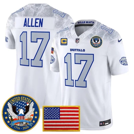 Men's Buffalo Bills #17 Josh Allen White Rivalries United States 250th Anniversary Patch Vapor Limited Stitched Jersey