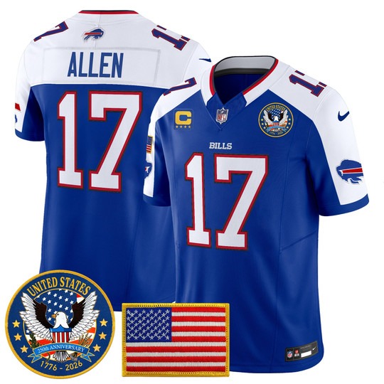 Men's Buffalo Bills #17 Josh Allen Royal Alternate United States 250th Anniversary Patch Vapor Limited Stitched Jersey