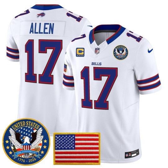 Men's Buffalo Bills #17 Josh Allen White United States 250th Anniversary Patch Vapor Limited Stitched Jersey