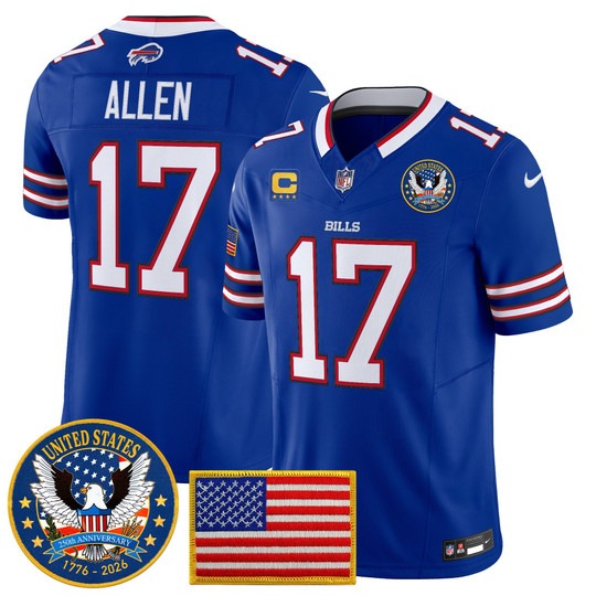 Men's Buffalo Bills #17 Josh Allen Royal United States 250th Anniversary Patch Vapor Limited Stitched Jersey