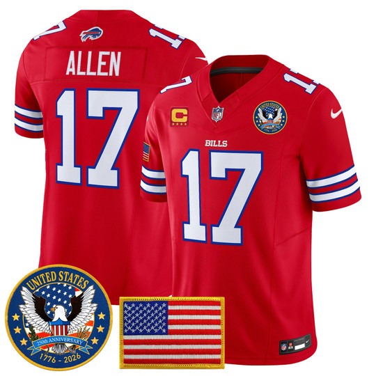 Men's Buffalo Bills #17 Josh Allen Red United States 250th Anniversary Patch Vapor Limited Stitched Jersey