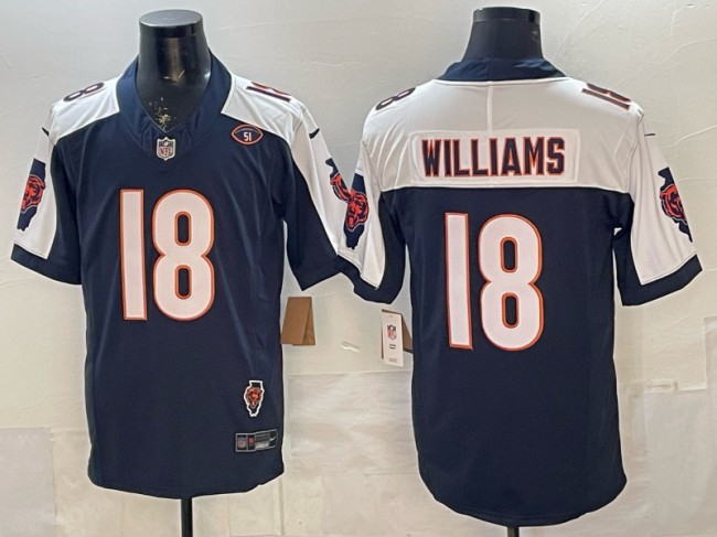 Men's Chicago Bears #18 Caleb Williams Navy White F.U.S.E. Illinois & 51 Patch Vapor Limited Stitched Jersey